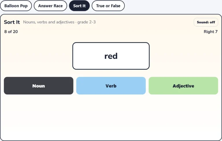 Nouns verbs adjectives game Sort It with the word red and the Noun, Verb and Adjective buttons