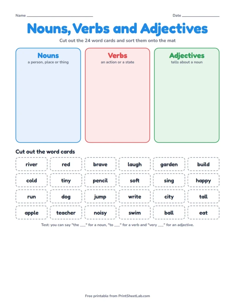 Nouns verbs adjectives game sorting mat printable with three boxes and 24 word cards to cut out