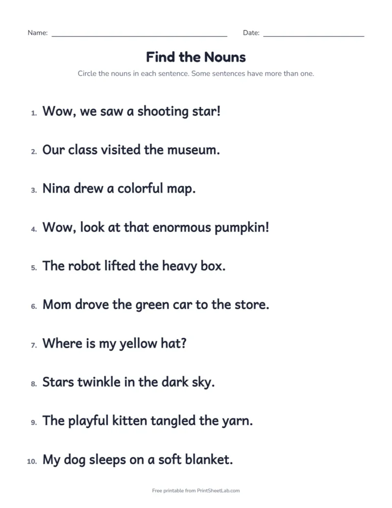 Nouns worksheet printable: circle the nouns in ten sentences, with an answer key