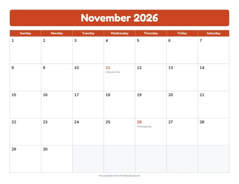 November 2026 calendar in the bold band design with big day boxes