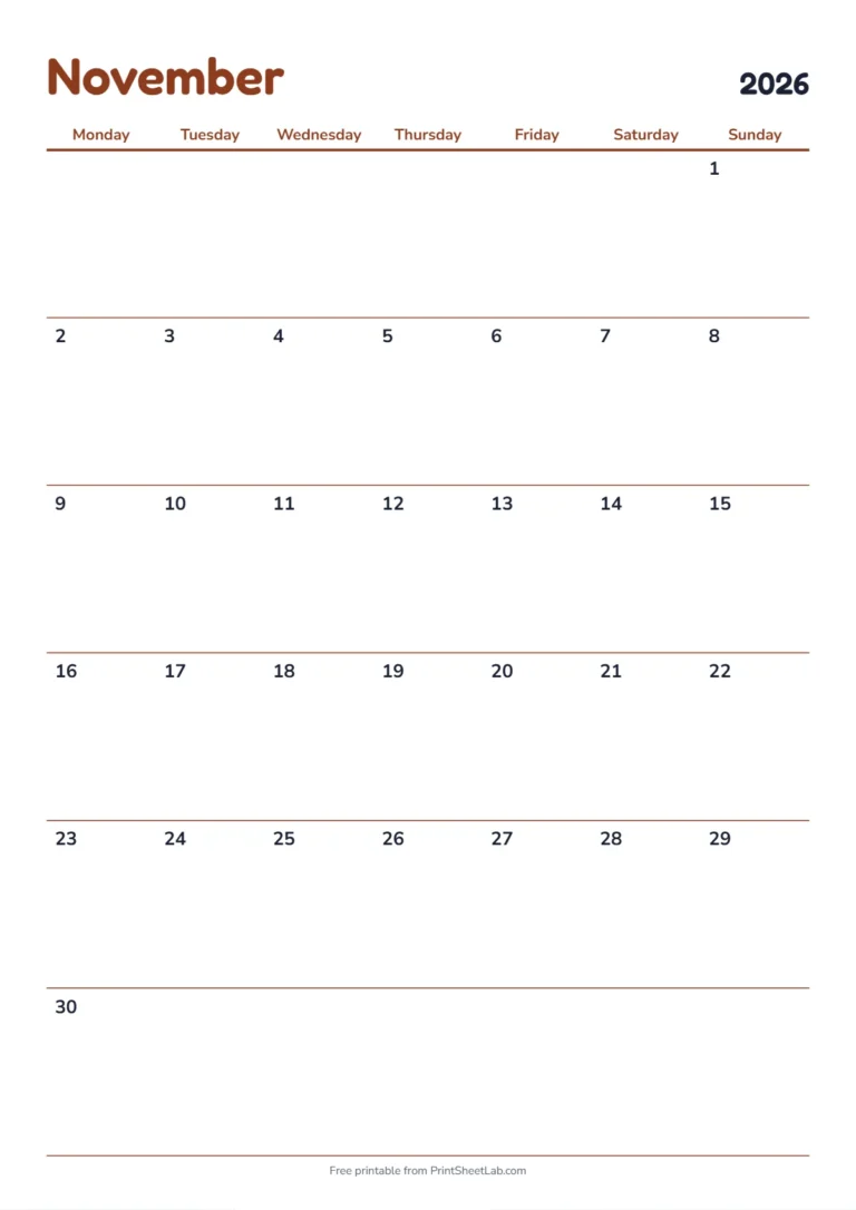 November 2026 calendar with holidays: Monday start on A4 with UK bank holidays