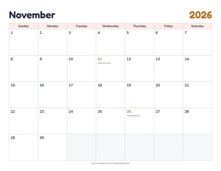 November 2026 calendar printable with US holidays in the classic design