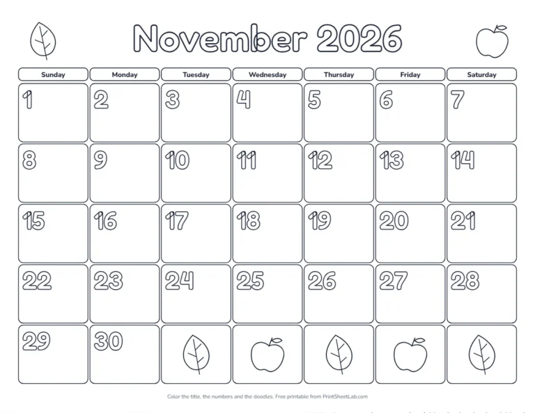 Coloring calendar printable for November 2026 with leaves and apples