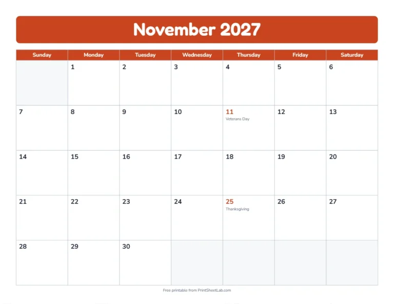 November 2027 calendar in the bold band design with big day boxes