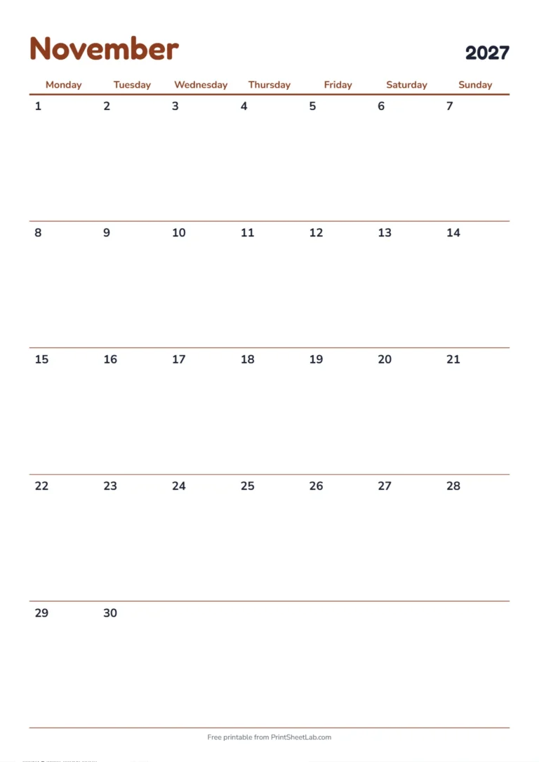 November 2027 calendar with holidays: Monday start on A4 with UK bank holidays