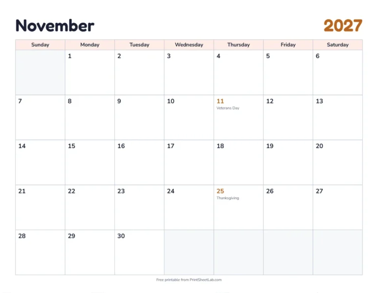 November 2027 calendar printable with US holidays in the classic design