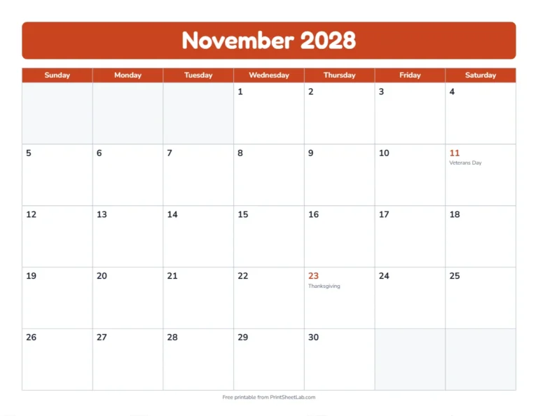 November 2028 calendar in the bold band design with big day boxes