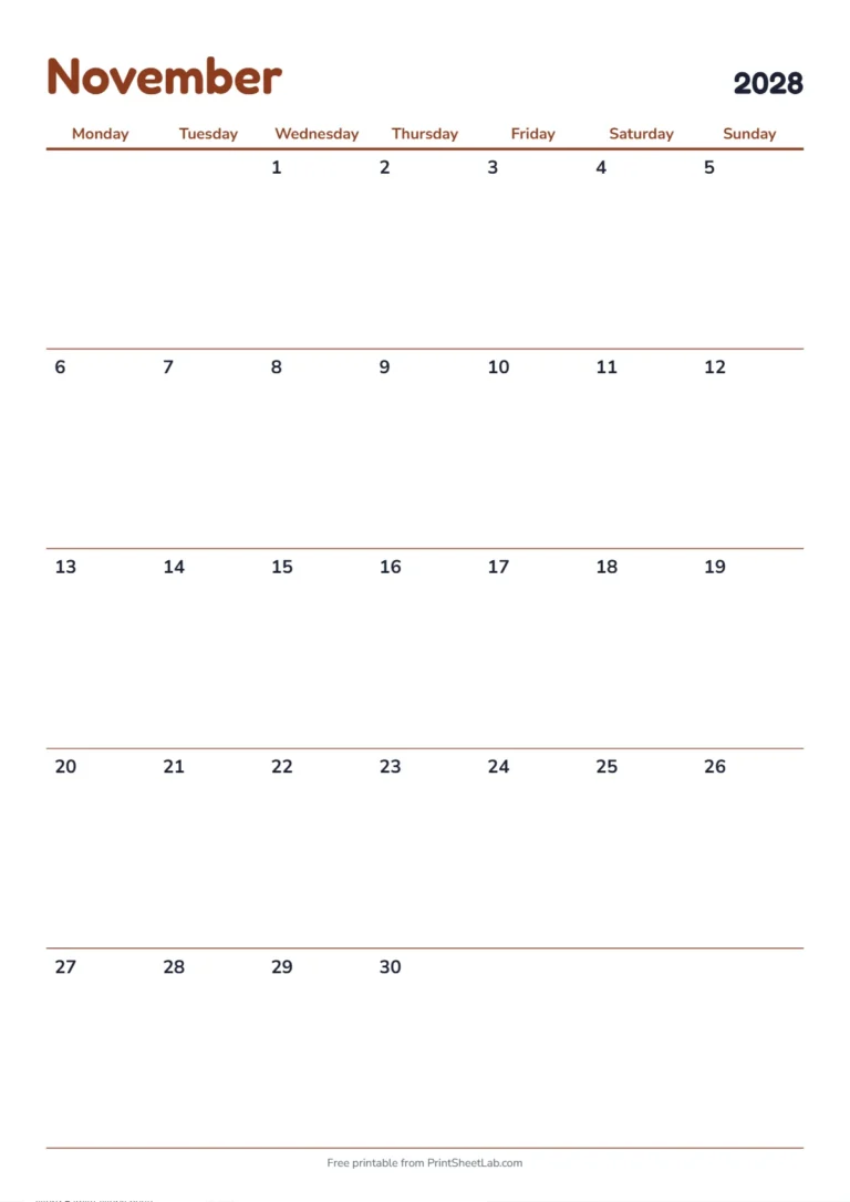 November 2028 calendar with holidays: Monday start on A4 with UK bank holidays