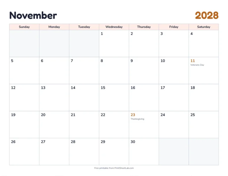 November 2028 calendar printable with US holidays in the classic design