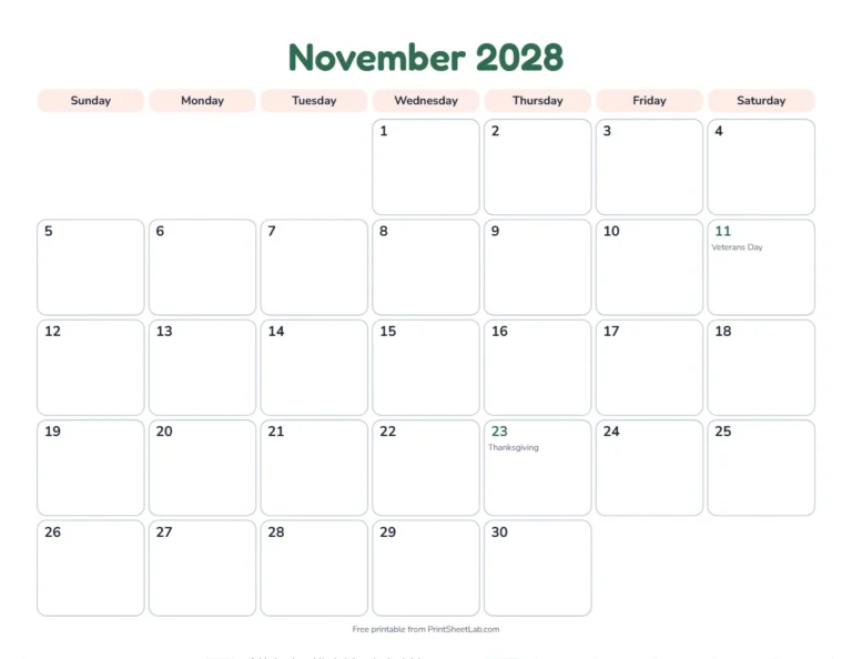 November 2028 calendar with Veterans Day and Thanksgiving marked for the US federal holidays 2028