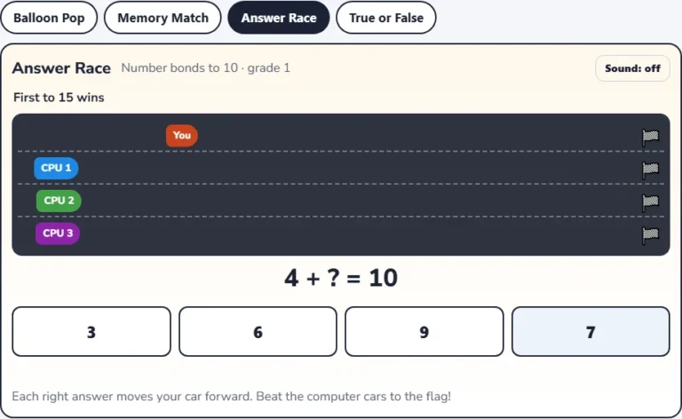 Friends of 10 game Answer Race with 4 + ? = 10 and four answers