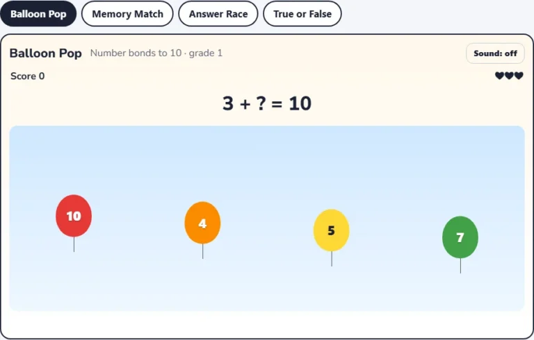 Make 10 game Balloon Pop with 3 + ? = 10 and four balloons