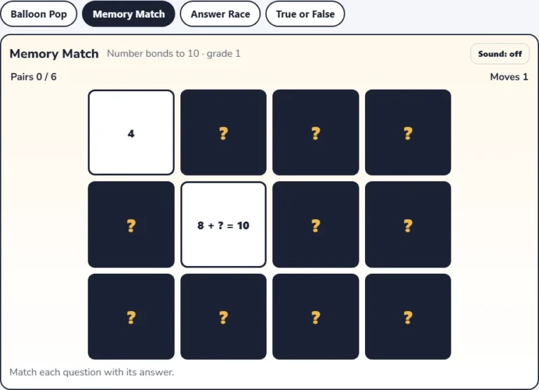Number bonds to 10 game Memory Match with a card showing 8 + ? = 10