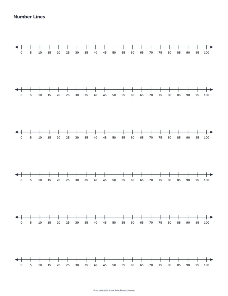 Number line printable for skip counting by 5 from 0 to 100 with six lines