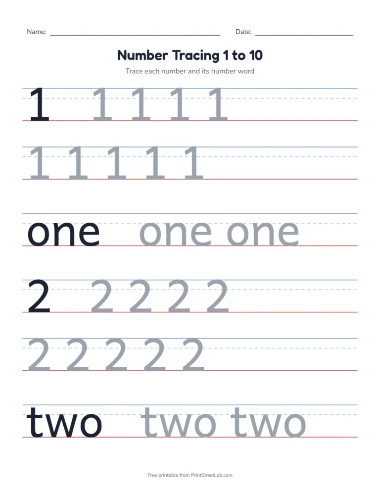 Number tracing worksheets 1 to 10 with number words to trace under each number