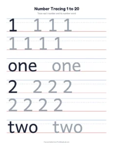 number writing practice sheets: 1 to 20