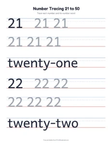 Number writing practice 21 to 50 printable worksheet for preschool and kindergarten