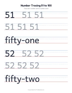 writing numbers worksheets: 51 to 100