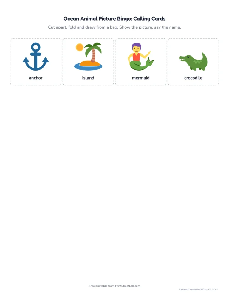Ocean animal bingo calling cards to cut out and draw from a bag