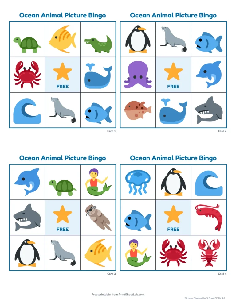Ocean animal bingo cards for preschool: 3 by 3 picture-only cards with a free star