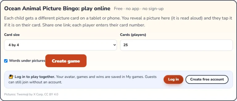 Play ocean animal bingo online: the setup screen for the picture bingo game with card size and player count
