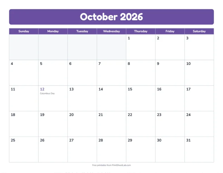 October 2026 calendar in the bold band design with big day boxes