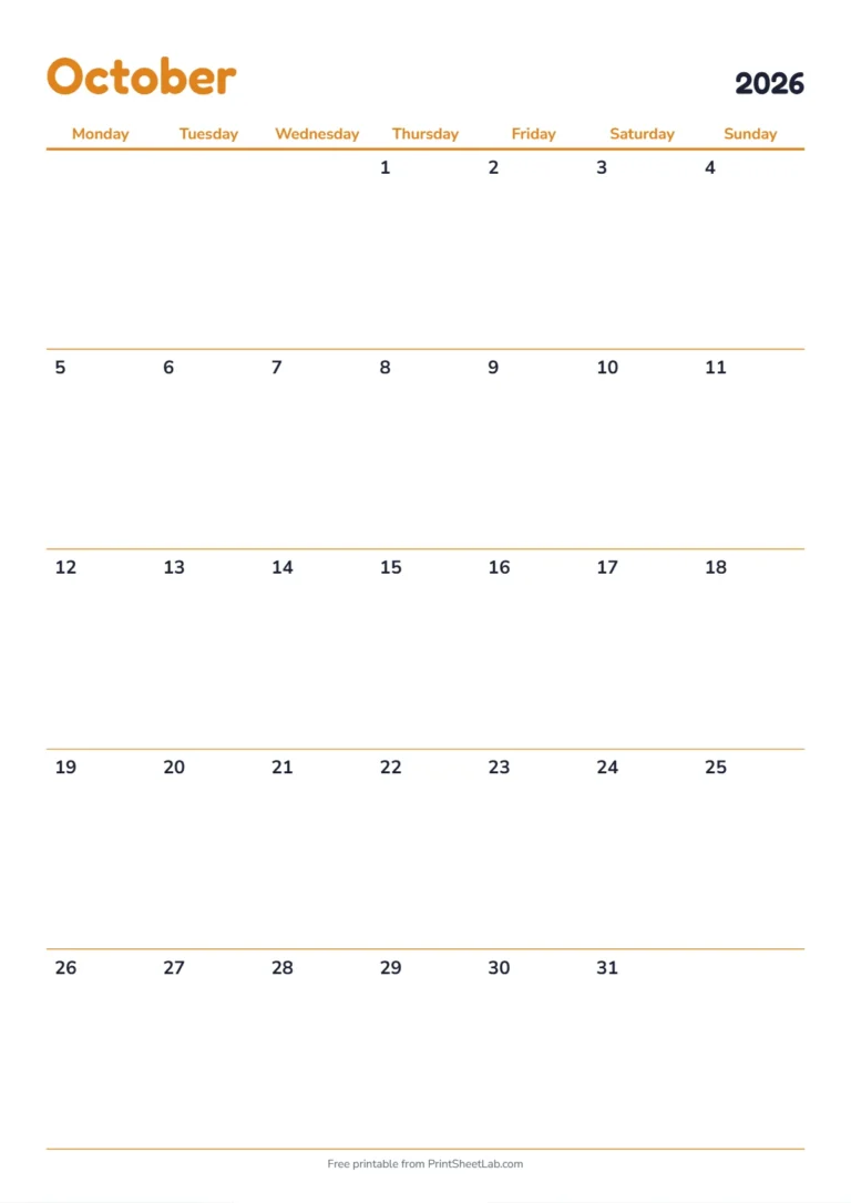 October 2026 calendar with holidays: Monday start on A4 with UK bank holidays