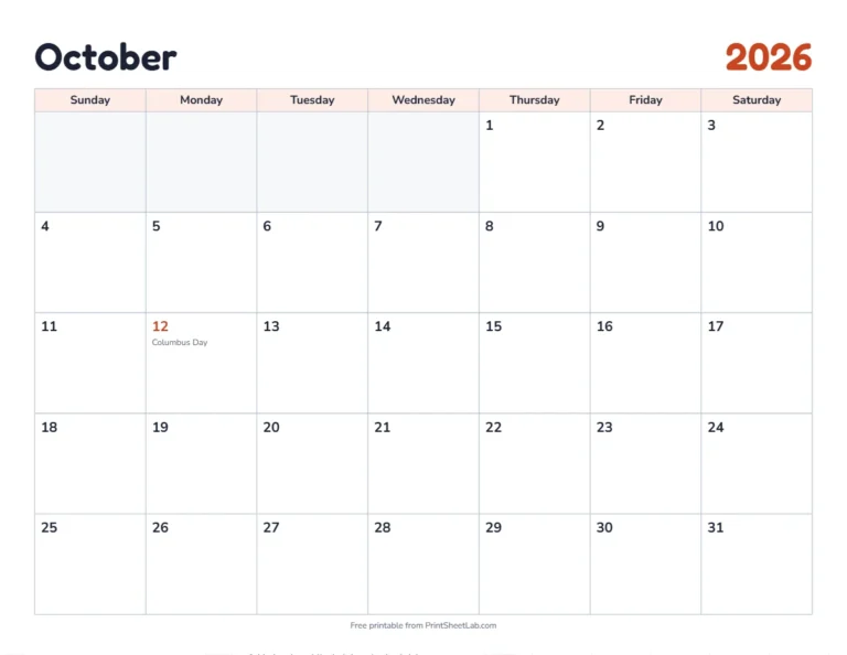 October 2026 calendar printable with US holidays in the classic design
