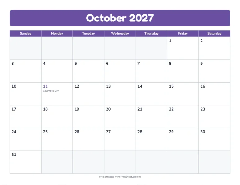 October 2027 calendar in the bold band design with big day boxes