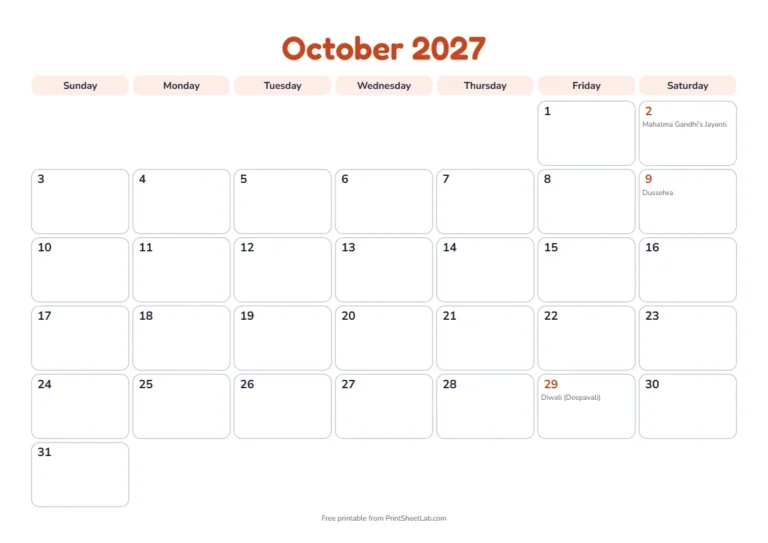 October 2027 calendar for India with Gandhi Jayanti and Diwali