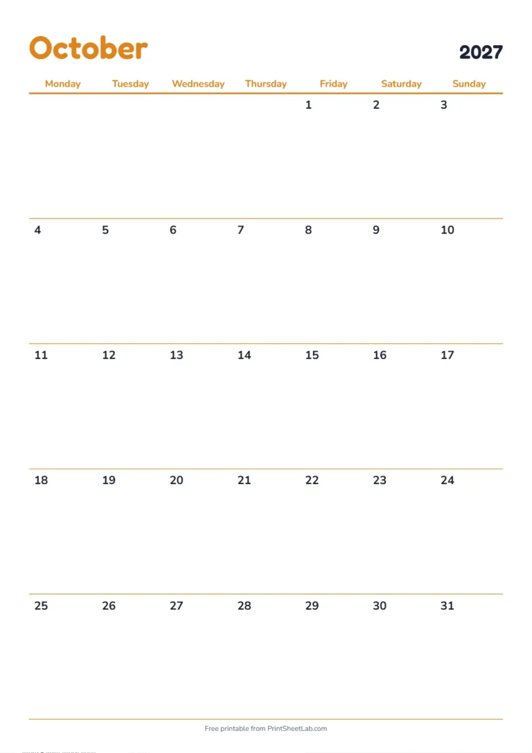 October 2027 calendar with holidays: Monday start on A4 with UK bank holidays