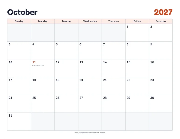 October 2027 calendar printable with US holidays in the classic design