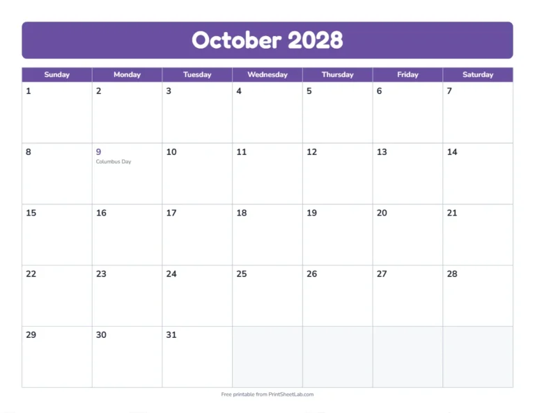 October 2028 calendar in the bold band design with big day boxes