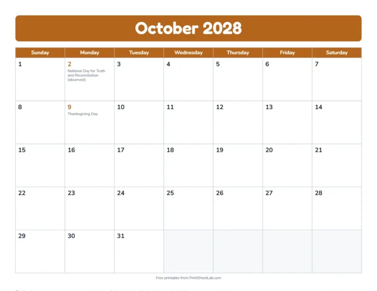 October 2028 Canadian holidays calendar with Thanksgiving and Truth and Reconciliation observed