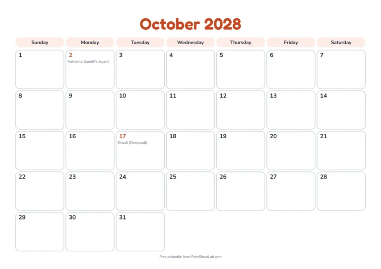 October 2028 calendar for India with Gandhi Jayanti and Diwali