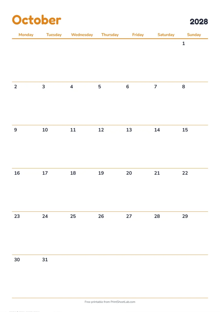 October 2028 calendar with holidays: Monday start on A4 with UK bank holidays