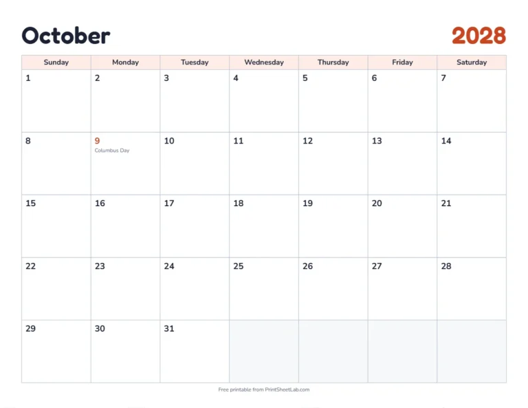 October 2028 calendar printable with US holidays in the classic design