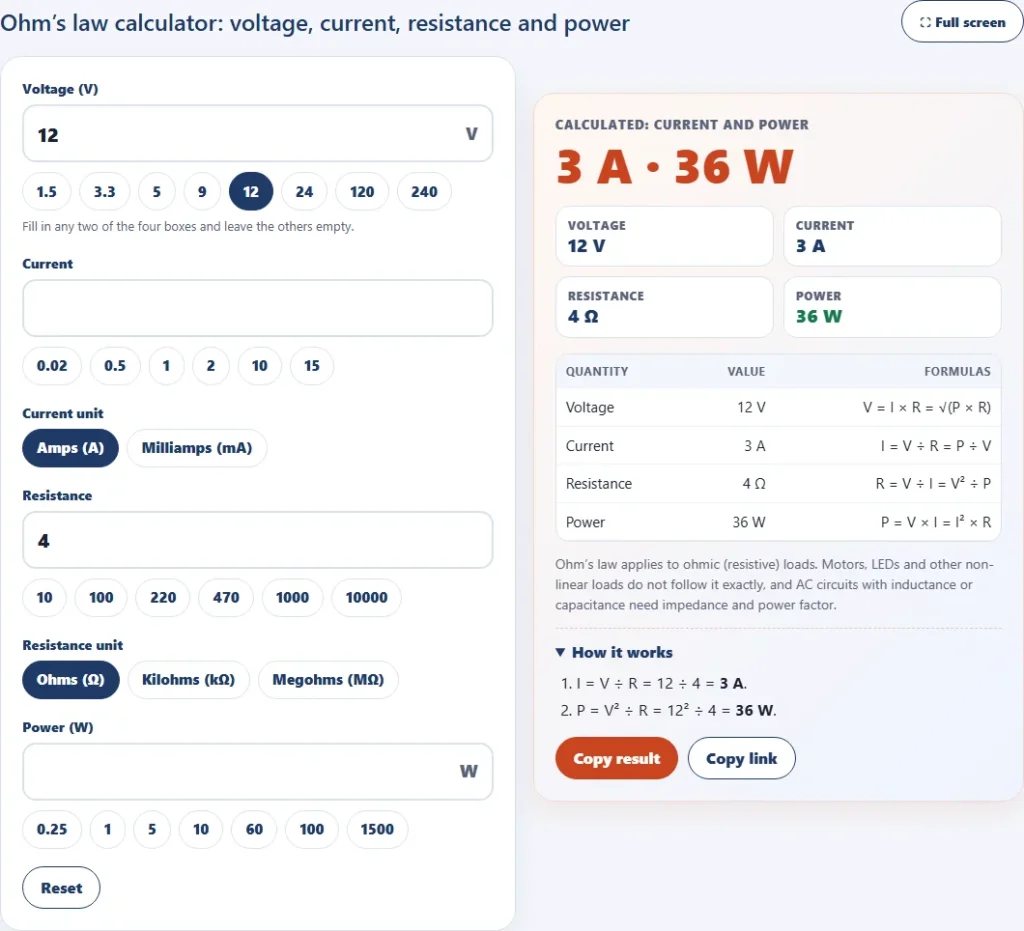 Ohms law calculator with 12 volts and 4 ohms giving a current of 3 amps and a power of 36 watts