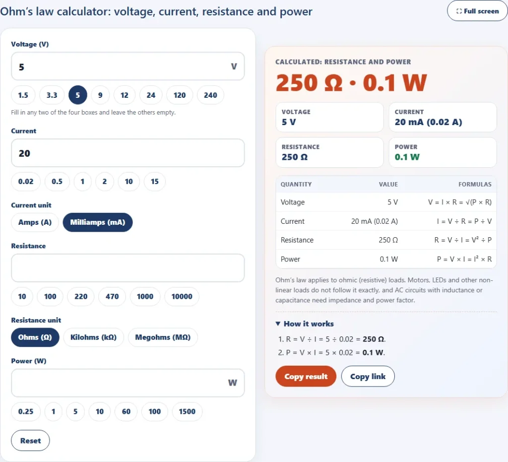 Ohms law calculator with 5 volts and 20 milliamps giving a resistance of 250 ohms and a power of 0.1 watts, with the formulas table