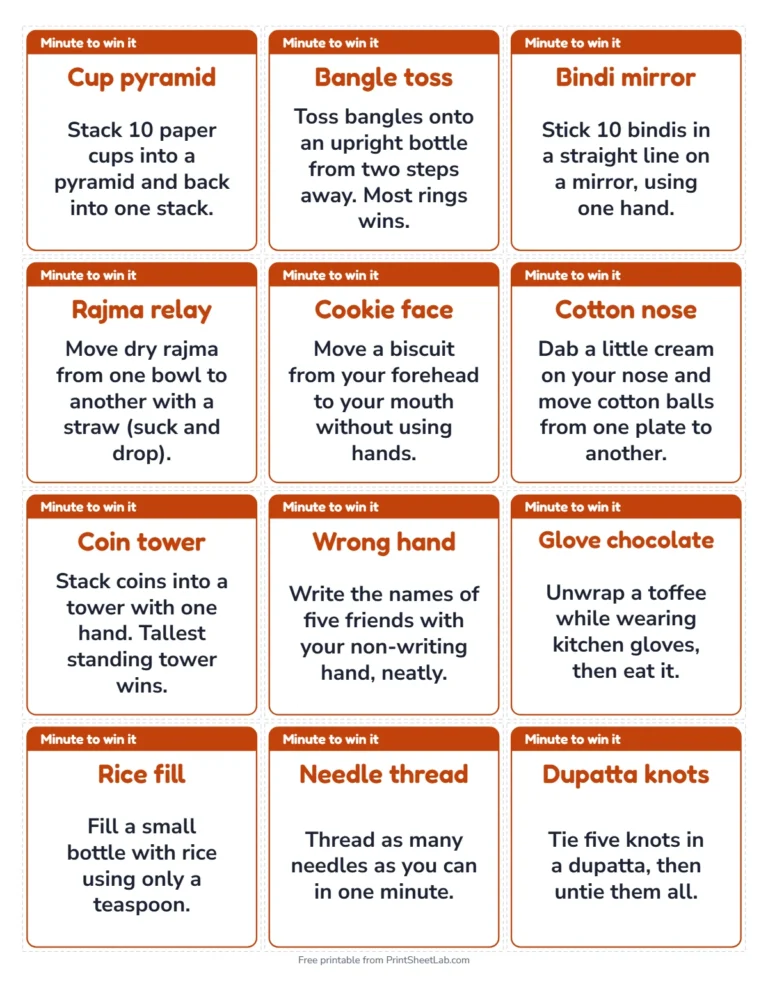 One minute games for kitty party: printable cards, 12 on a page