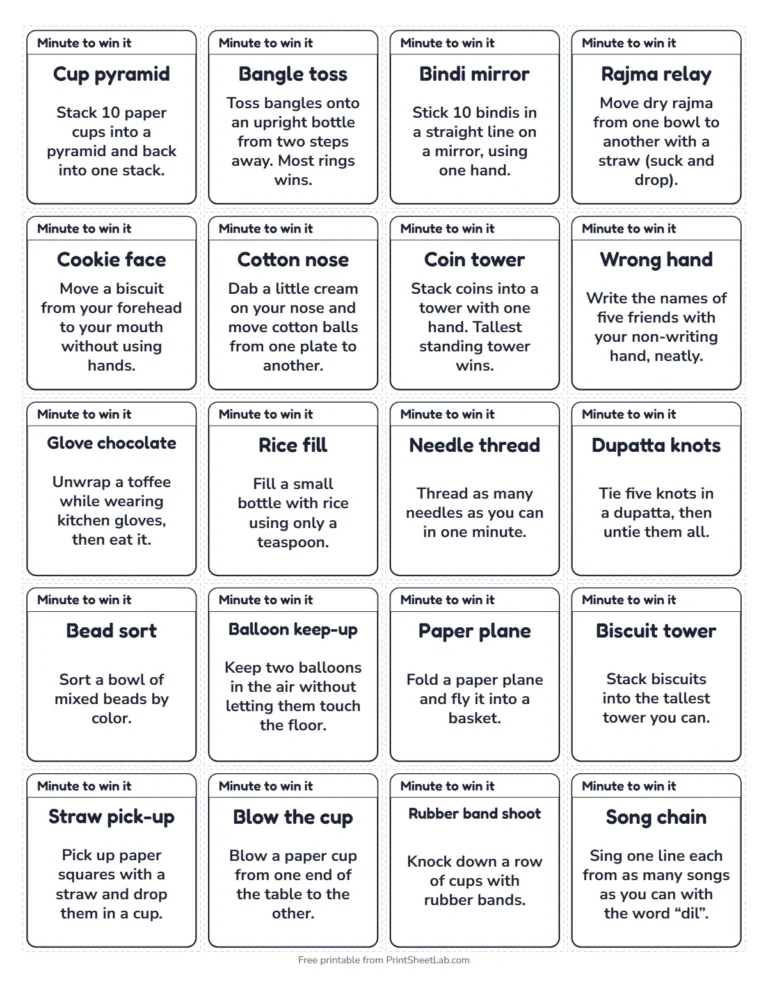 One minute games for kitty party small cards in black and white, 20 on a page