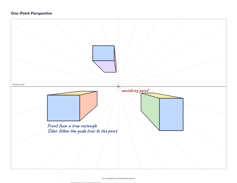 One point perspective example with three boxes drawn toward the vanishing point