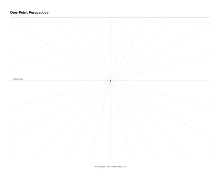 Perspective drawing paper with a one point perspective grid and horizon line