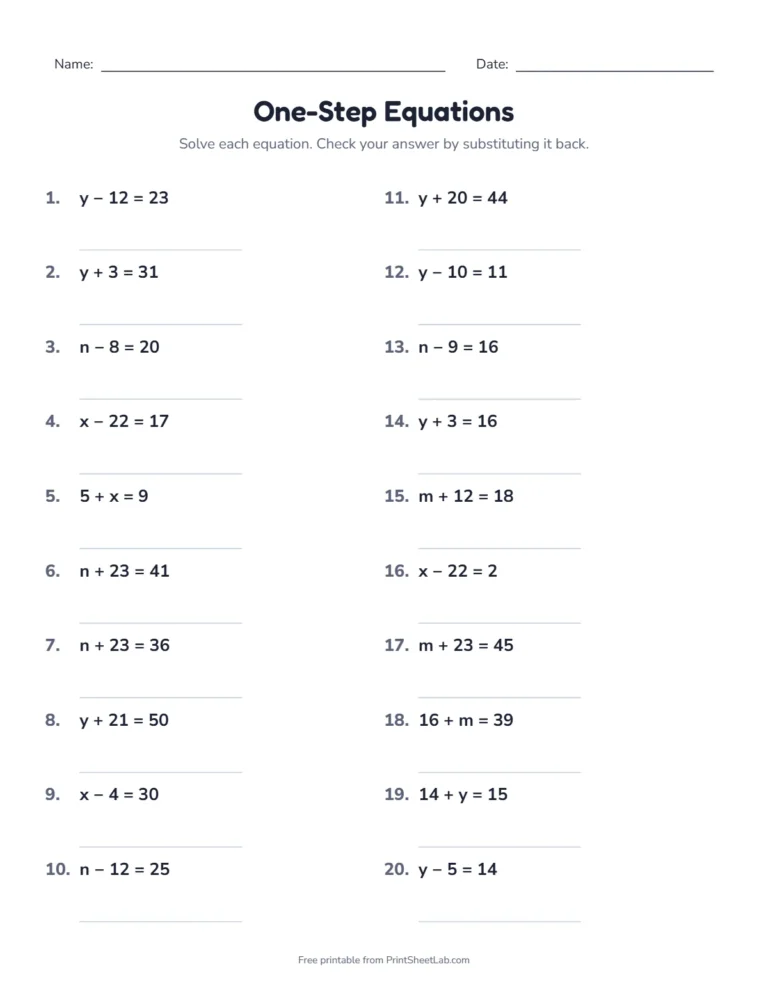 One-step equations worksheet with addition and subtraction and an answer key
