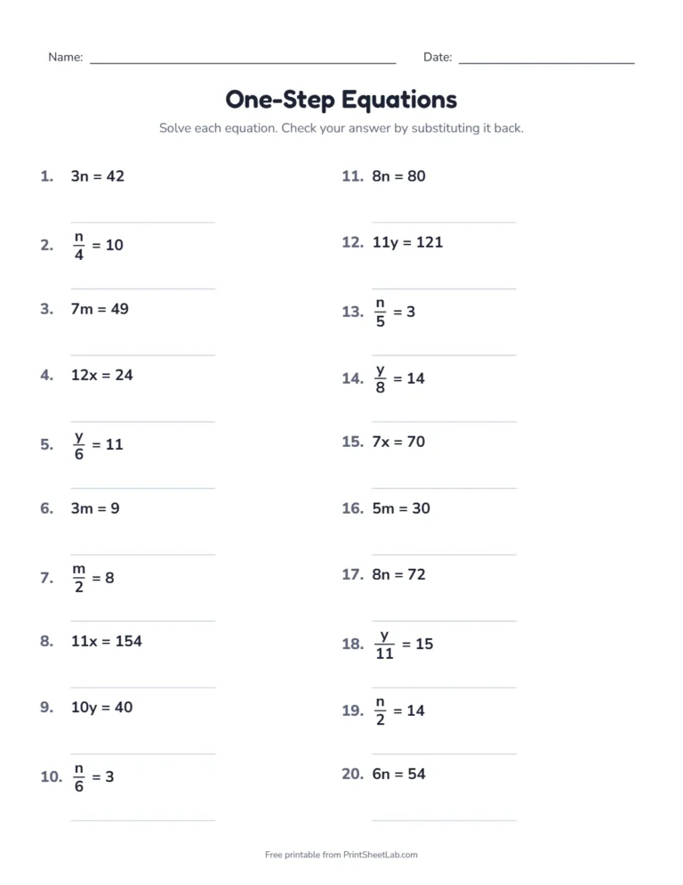 One-step equations worksheet with multiplication and division