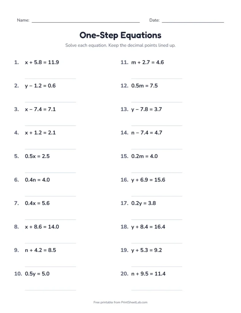 One-step equations with decimals worksheet