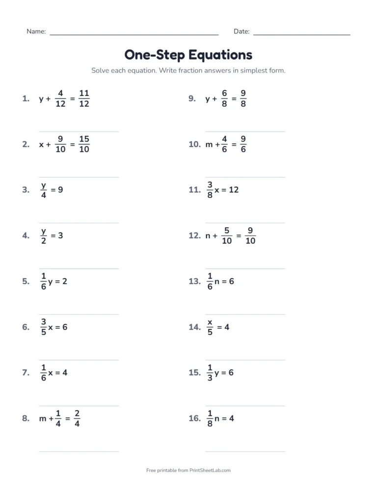 One-step equations with fractions worksheet
