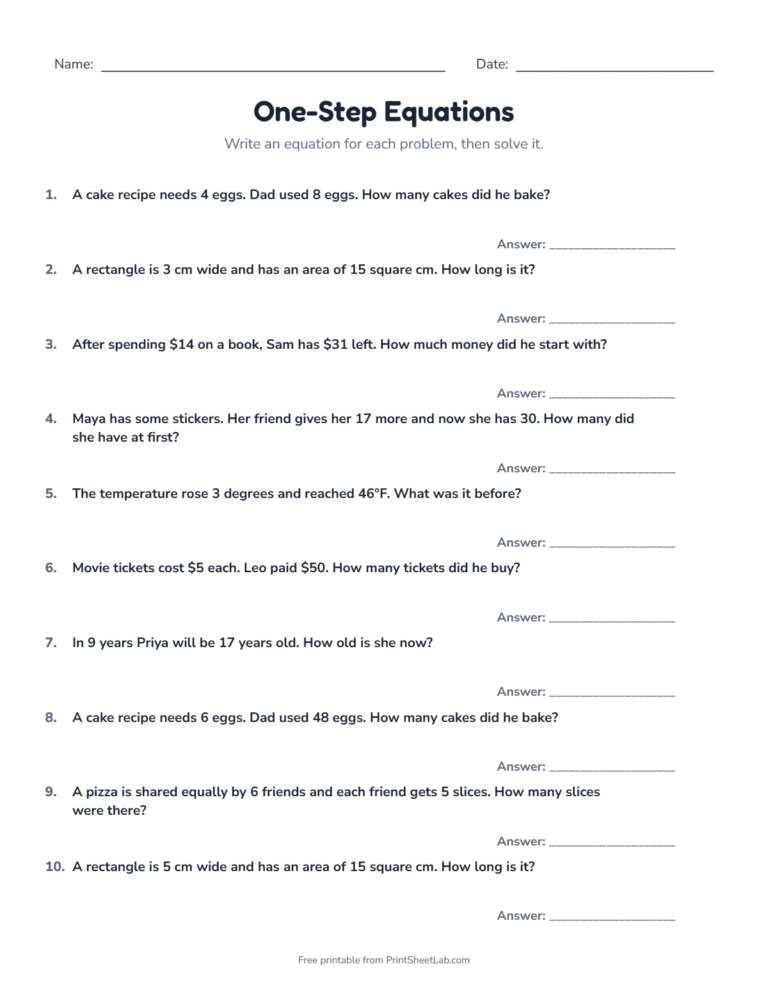 One-step equations word problems worksheet