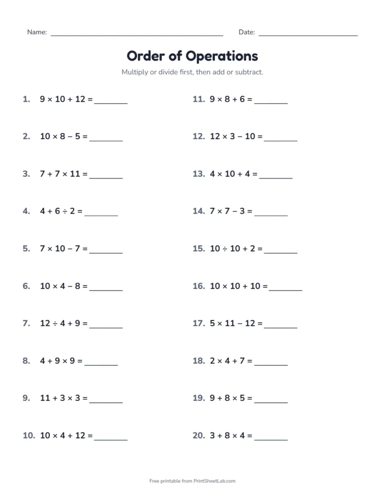 Order of operations worksheet for 4th grade with two operations