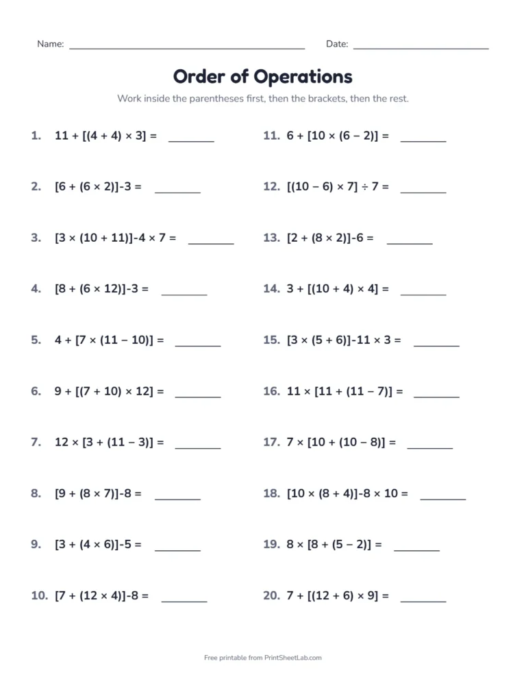 Order of operations worksheet with brackets inside parentheses